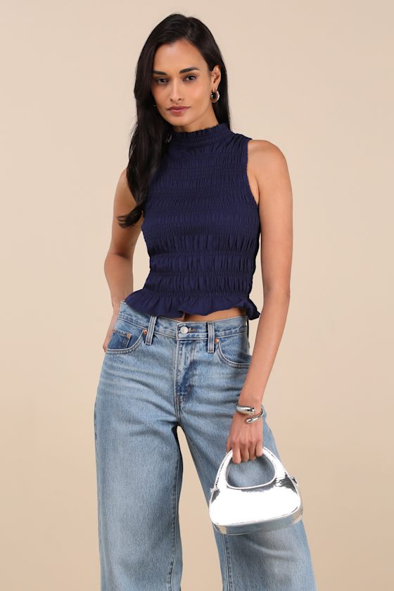 Lulus Rebekka Dark Navy Smocked Mock Neck Peplum Sleeveless Top In Navy