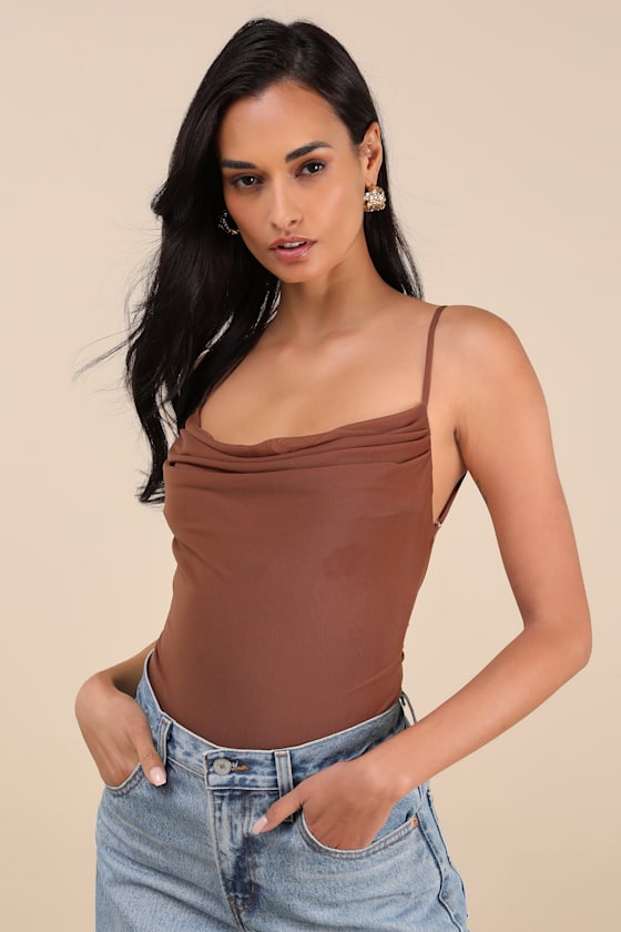 LULUS COLISSA CHOCOLATE BROWN MESH COWL BACKLESS BODYSUIT