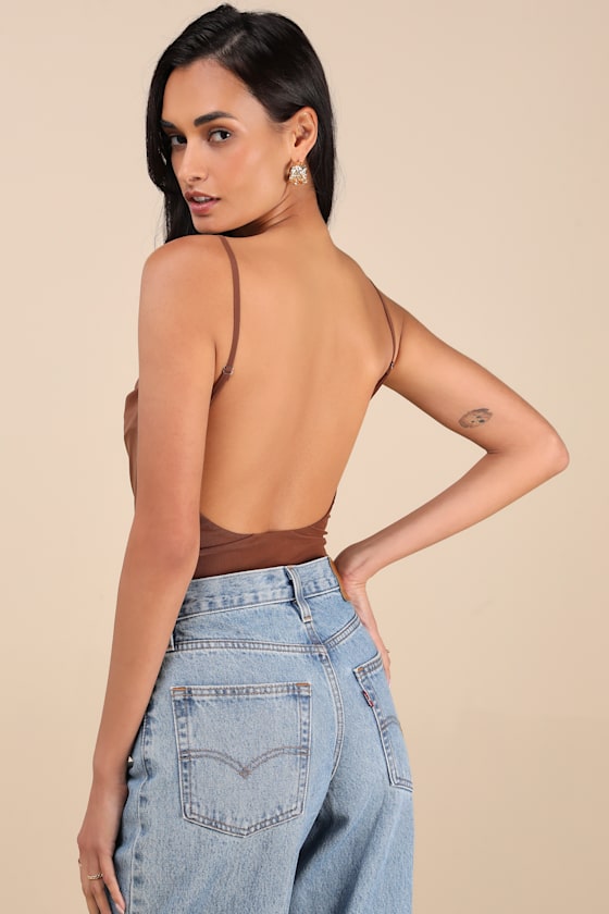 LULUS COLISSA CHOCOLATE BROWN MESH COWL BACKLESS BODYSUIT