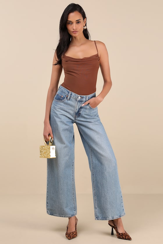 LULUS COLISSA CHOCOLATE BROWN MESH COWL BACKLESS BODYSUIT