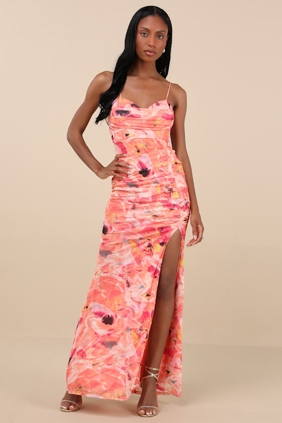 Lulus Stunning Wonder Orange Floral Mesh Bustier Mermaid Maxi Dress In Orange