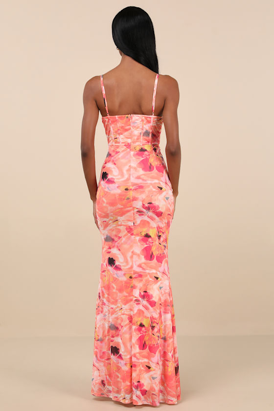 Lulus Stunning Wonder Orange Floral Mesh Bustier Mermaid Maxi Dress In Orange