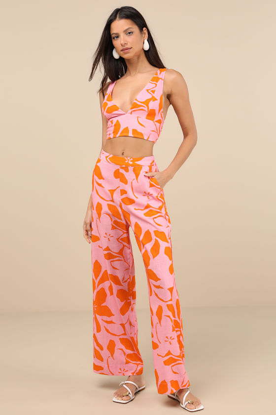 Rhythm Bora Bora Pink Floral Linen Wide-leg Pants In Pink