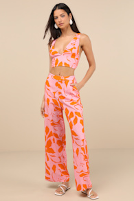 Bora Bora Pink Floral Linen Wide-Leg Pants 2