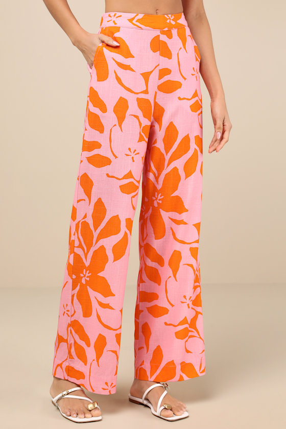 Bora Bora Pink Floral Linen Wide-Leg Pants 3