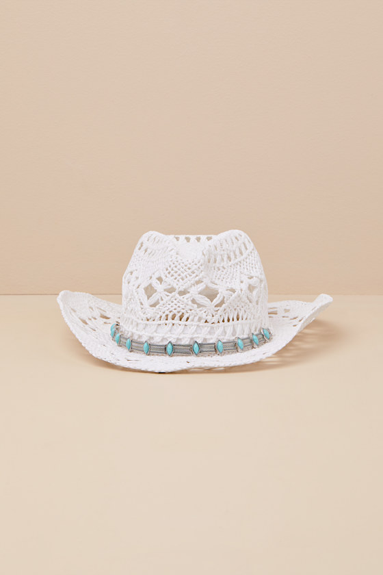 Chasya White and Turquoise Woven Straw Western Hat 3
