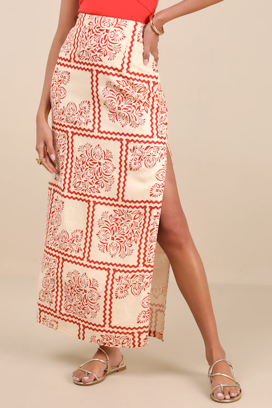 LULUS CLEMENTINE CREAM AND RED BOHO PRINT HIGH-RISE MAXI SKIRT