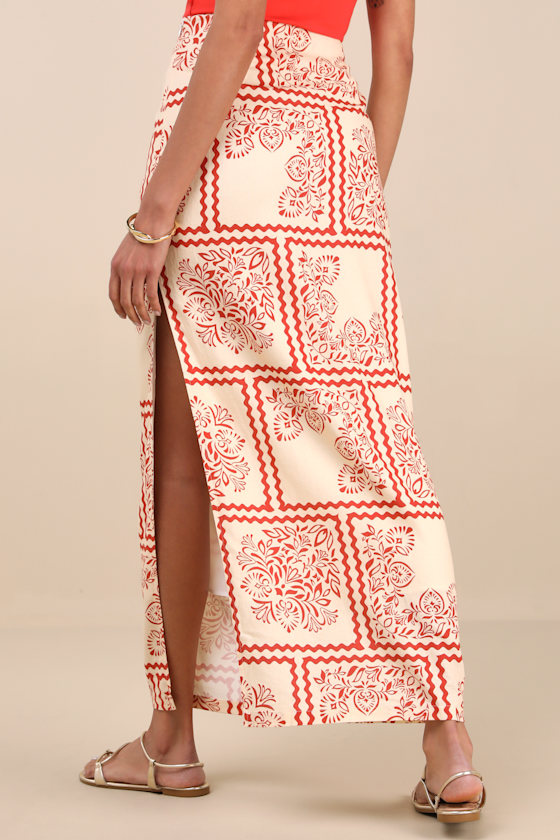 LULUS CLEMENTINE CREAM AND RED BOHO PRINT HIGH-RISE MAXI SKIRT