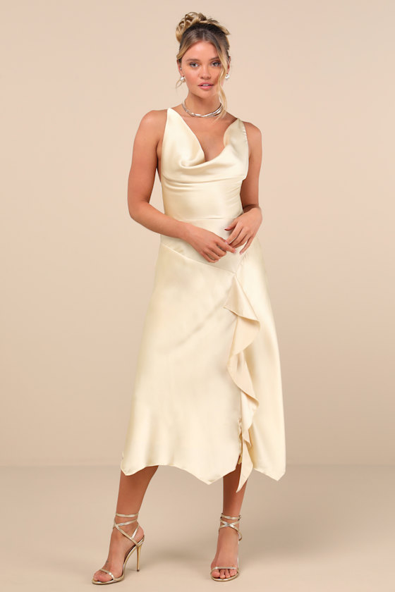 Evette Pale Yellow Satin Cowl Ruffled Handkerchief Midi Dress 1