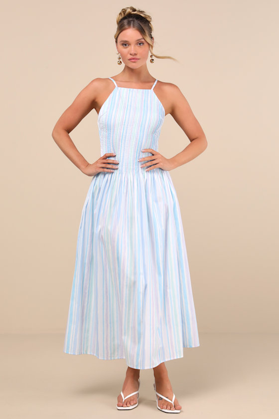 Lulus Jalessa Light Blue Multi Striped Drop Waist Midi Dress In Light Blue