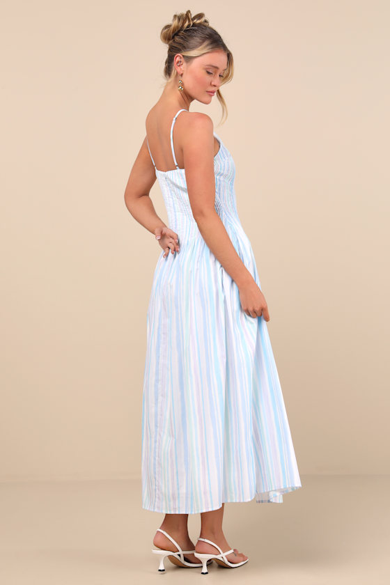 Lulus Jalessa Light Blue Multi Striped Drop Waist Midi Dress In Light Blue