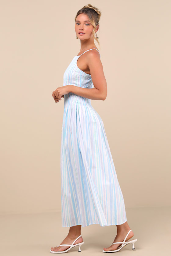 Lulus Jalessa Light Blue Multi Striped Drop Waist Midi Dress In Light Blue