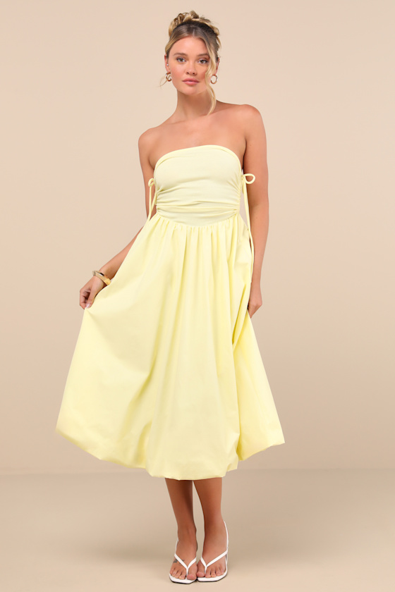 Lulus Chrissa Light Yellow Strapless Drawstring Midi Dress In Light Yellow