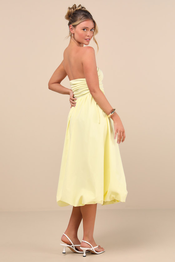 Lulus Chrissa Light Yellow Strapless Drawstring Midi Dress In Light Yellow