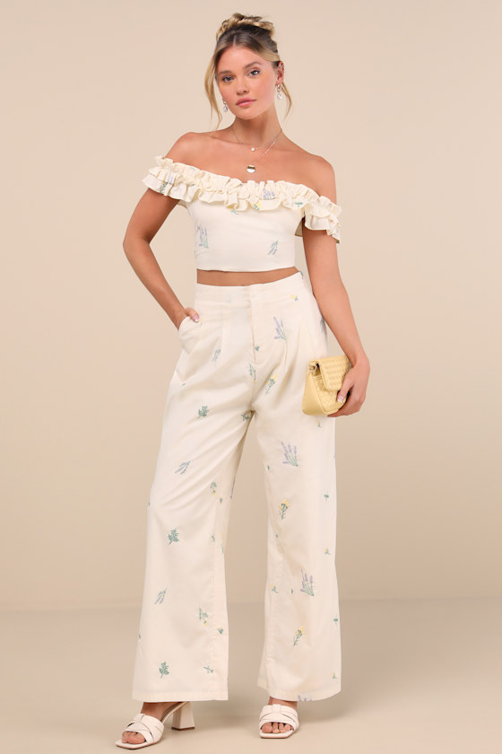LULUS ROWENA CREAM EMBROIDERED WIDE-LEG PANTS