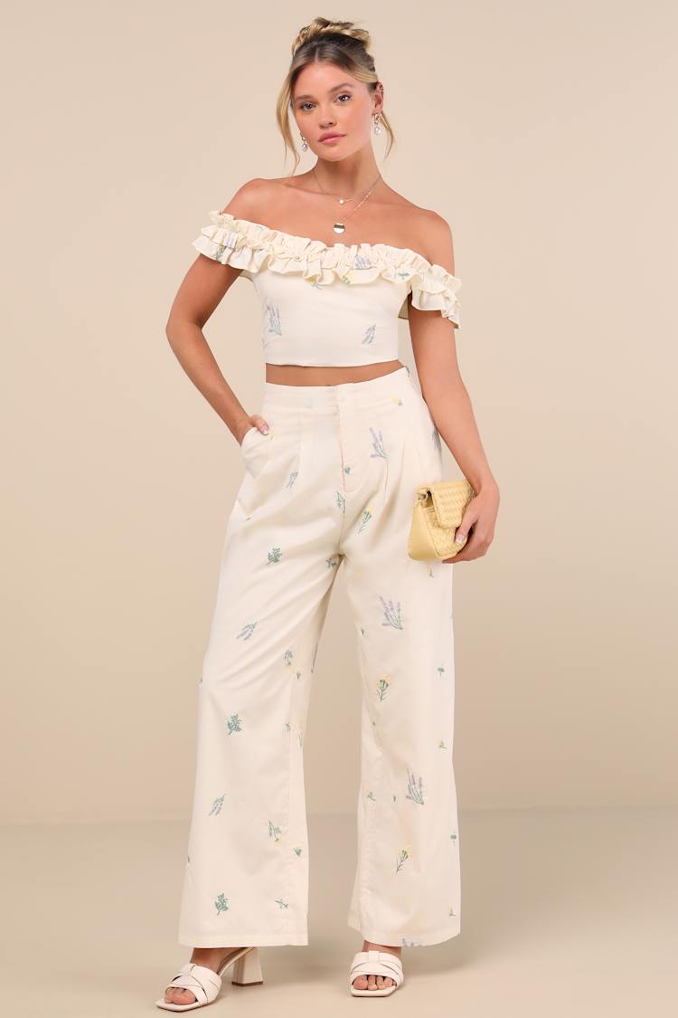 Rowena Cream Embroidered Wide-Leg Pants
