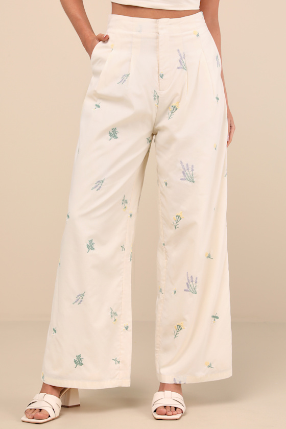 LULUS ROWENA CREAM EMBROIDERED WIDE-LEG PANTS
