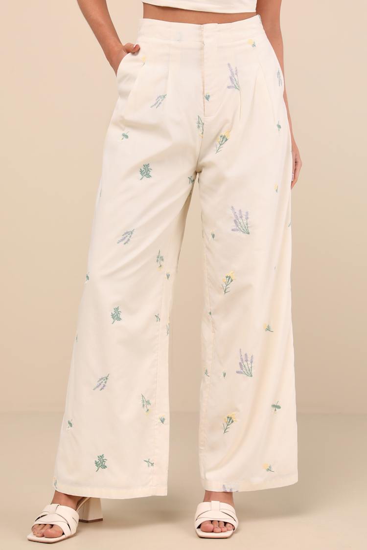 Lulus Elwen Cream And Black Linen Embroidered High-rise Pants White - Size S 10094521_2059796.jpg main image 2