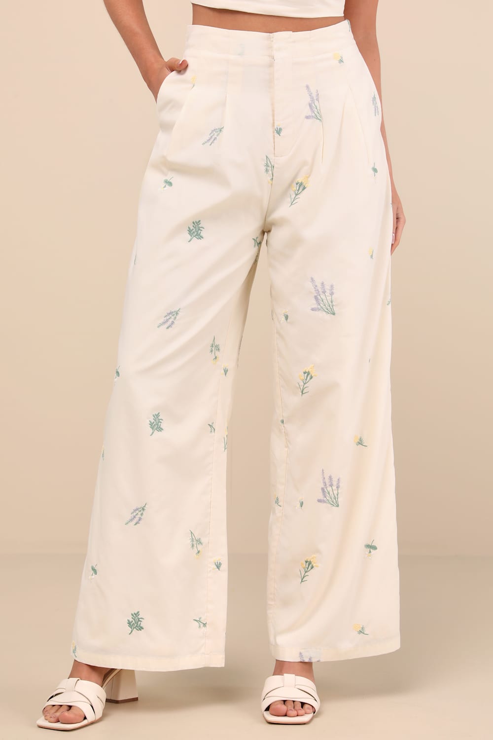 Rowena Cream Embroidered Wide-Leg Pants
