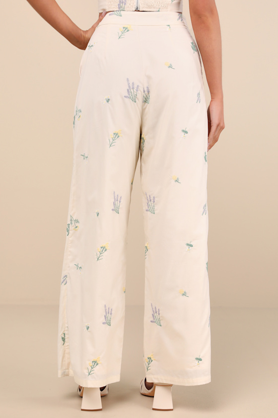 LULUS ROWENA CREAM EMBROIDERED WIDE-LEG PANTS