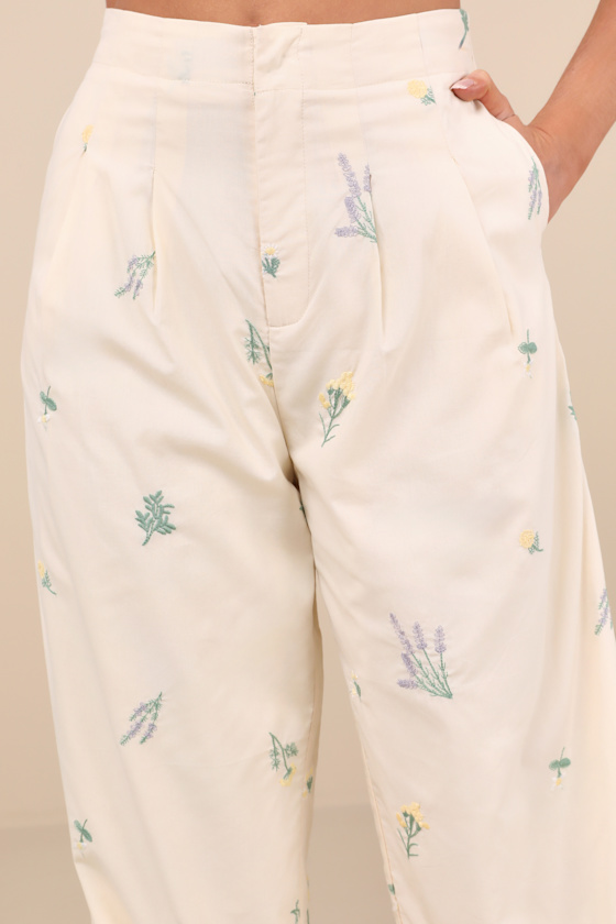 LULUS ROWENA CREAM EMBROIDERED WIDE-LEG PANTS