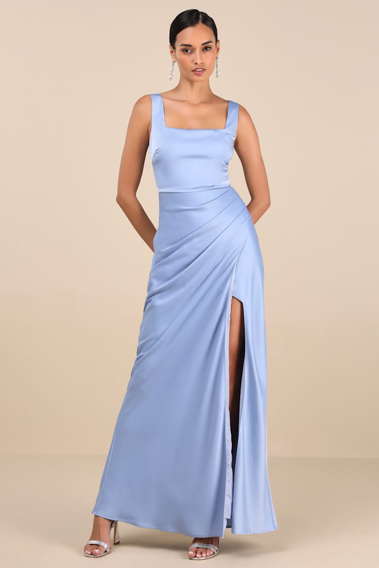 Red Carpet Romance Light Blue Satin Square Neck Maxi Dress