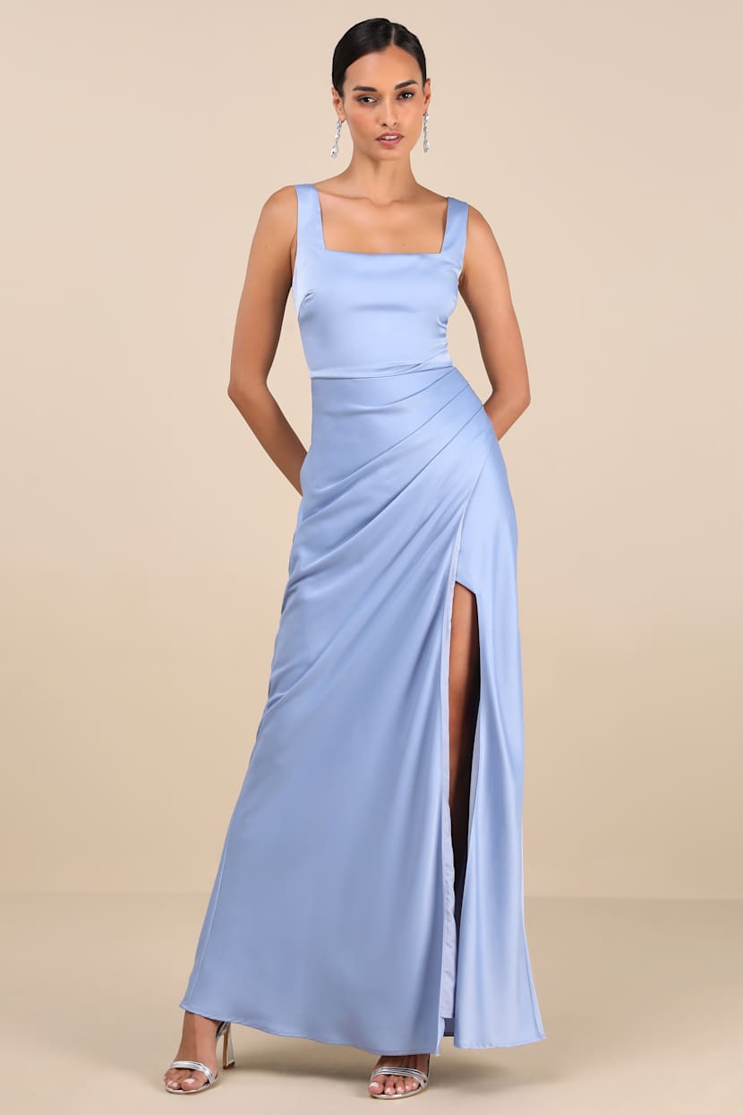 Light Blue Satin Dress - Draped Maxi Dress - Square Neck Dress - Lulus