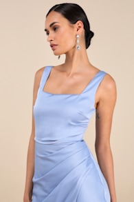 Red Carpet Romance Light Blue Satin Square Neck Maxi Dress 4