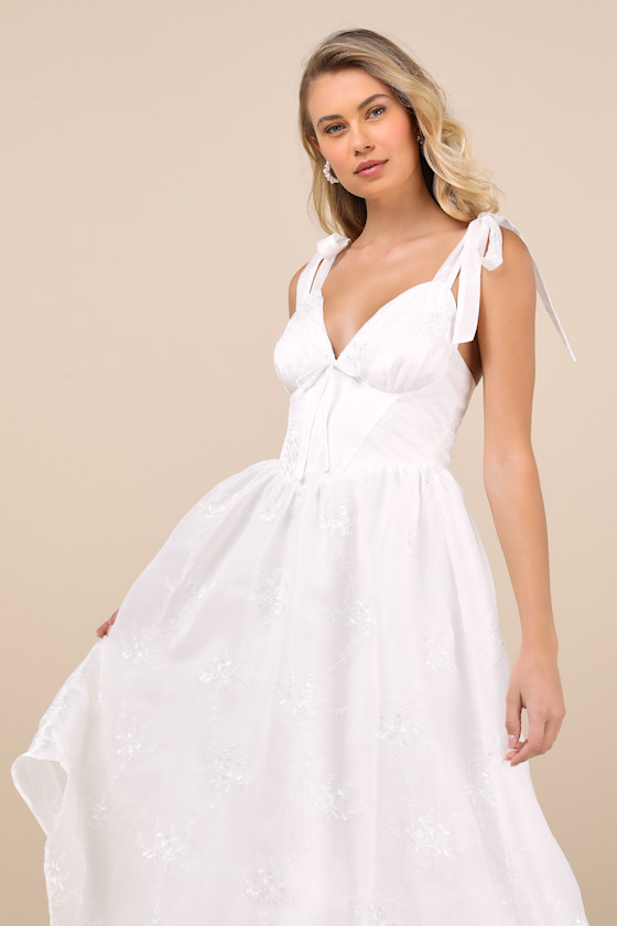 Lulus Aero White Embroidered Tie-strap A-line Midi Dress