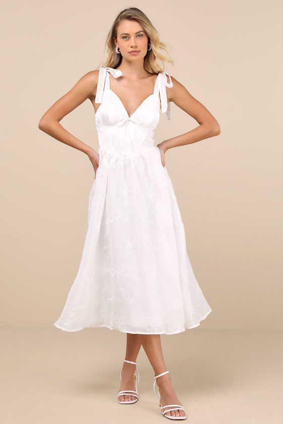 Lulus Aero White Embroidered Tie-strap A-line Midi Dress