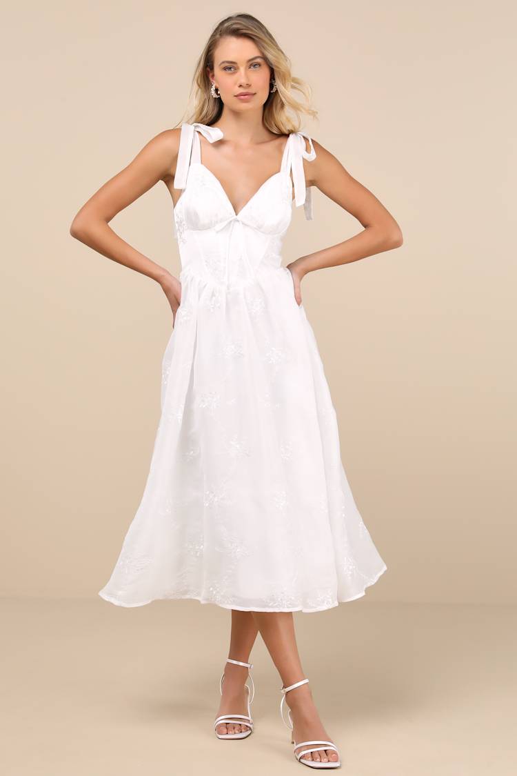 Aero White Embroidered Tie-Strap A-Line Midi Dress