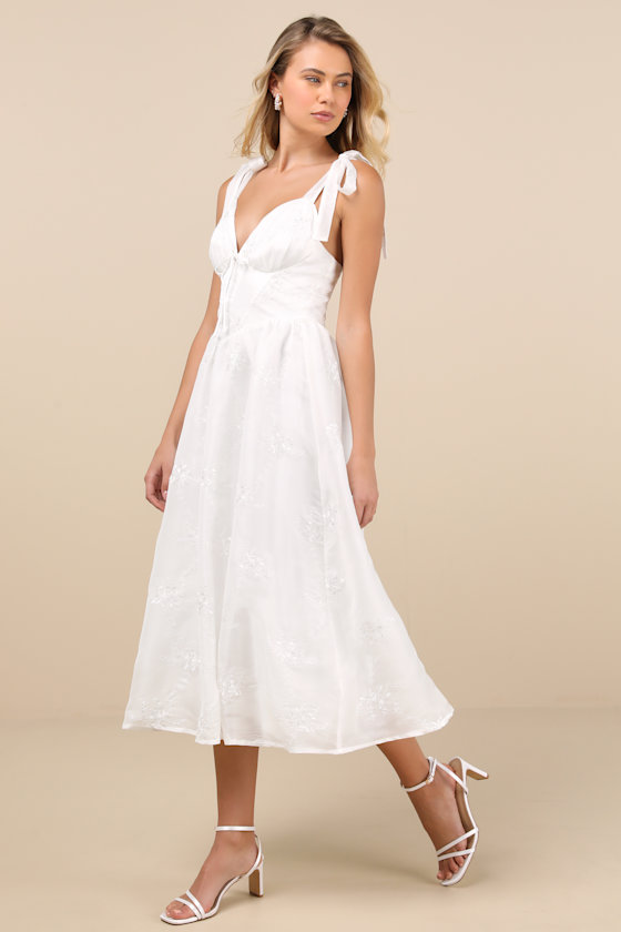 Lulus Aero White Embroidered Tie-strap A-line Midi Dress