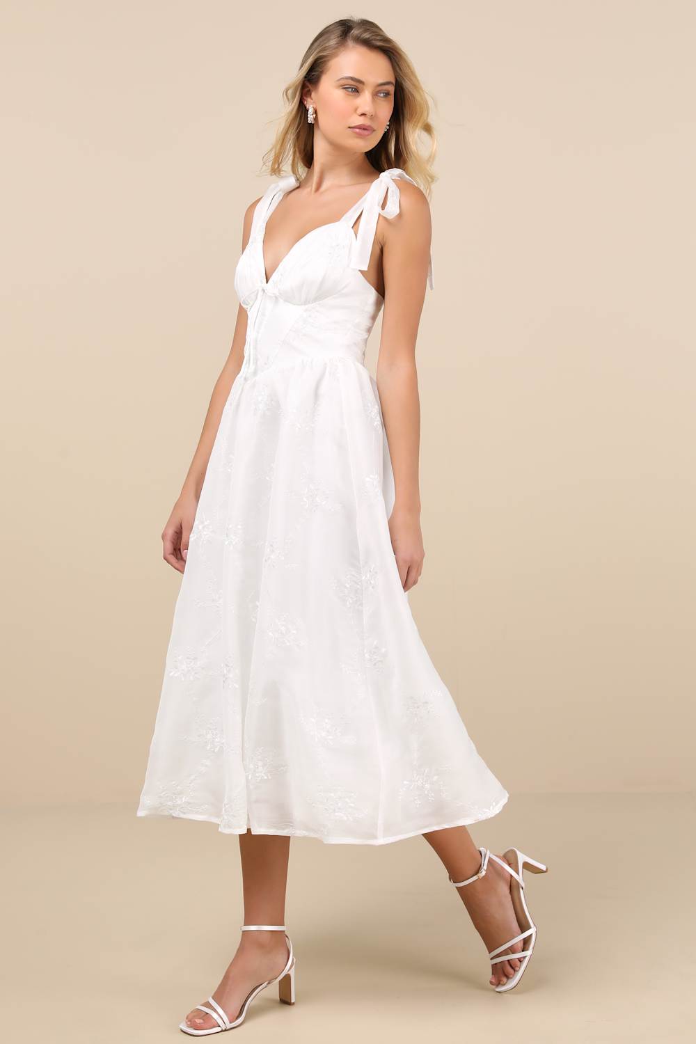 Aero White Embroidered Tie-Strap A-Line Midi Dress