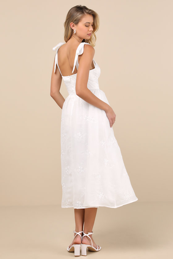 Lulus Aero White Embroidered Tie-strap A-line Midi Dress