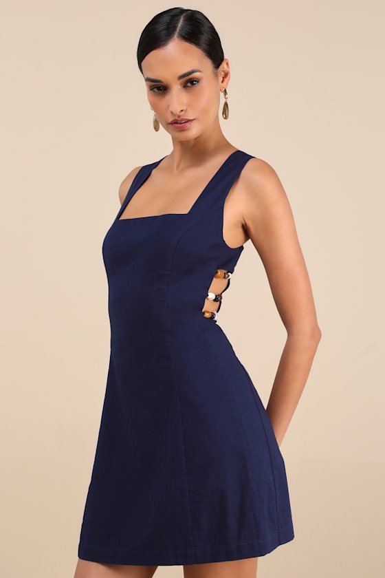 Lulus Pollie Navy Beaded Linen Sleeveless Mini Dress In Navy