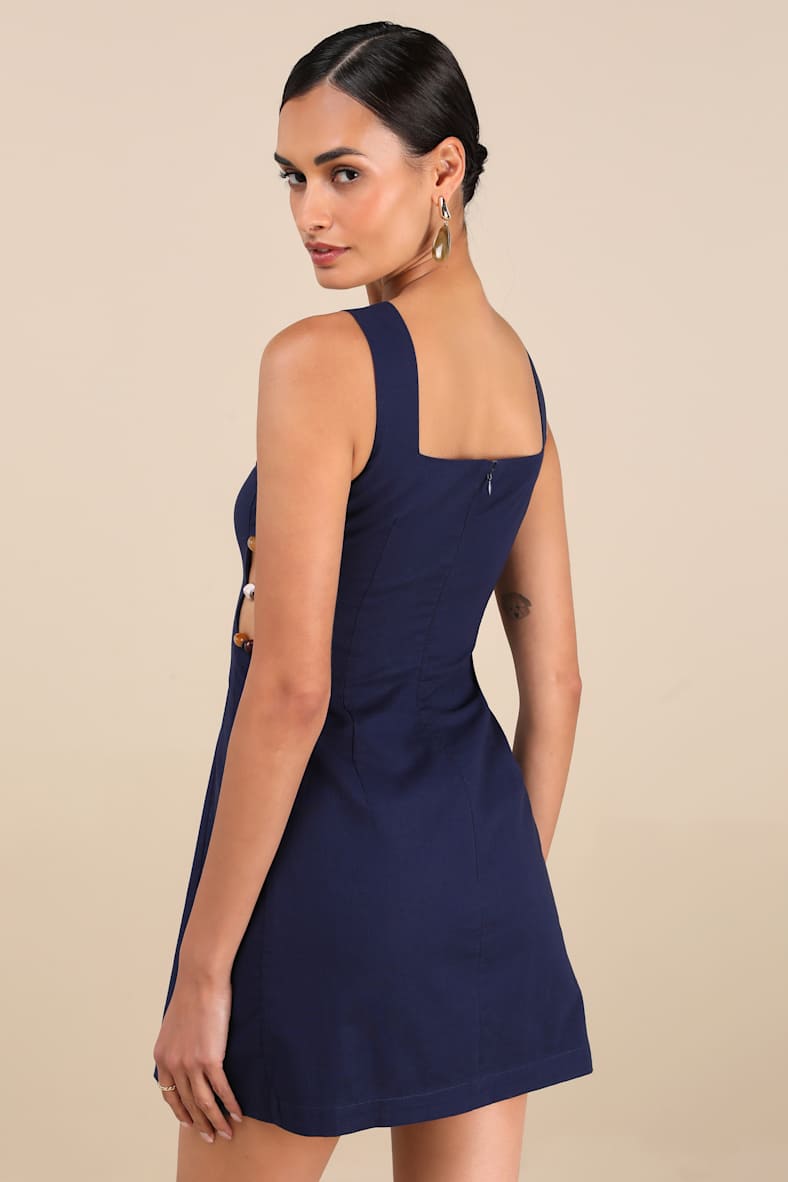 Pollie Navy Beaded Linen Sleeveless Mini Dress