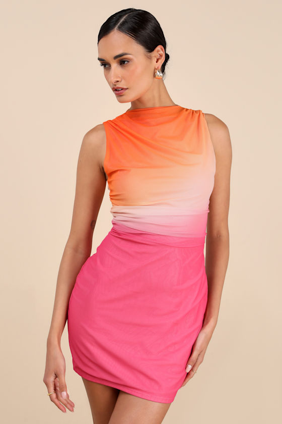Jasmijn Pink and Orange Ombre Mesh Sleeveless Mini Dress 1