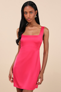 Truly the Cutest Hot Pink Satin Square Neck Mini Dress