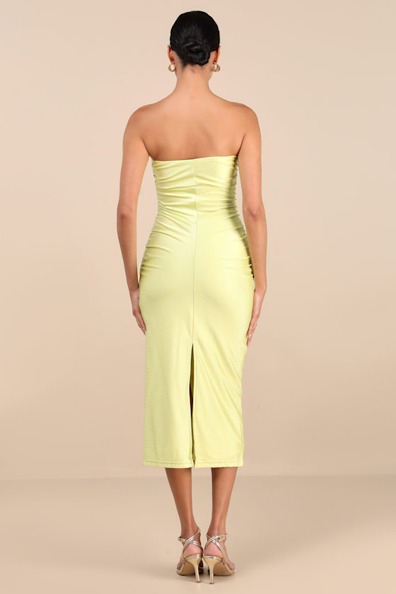 LULUS GORGEOUS REPUTATION LIME GREEN STRAPLESS RUCHED MIDI DRESS
