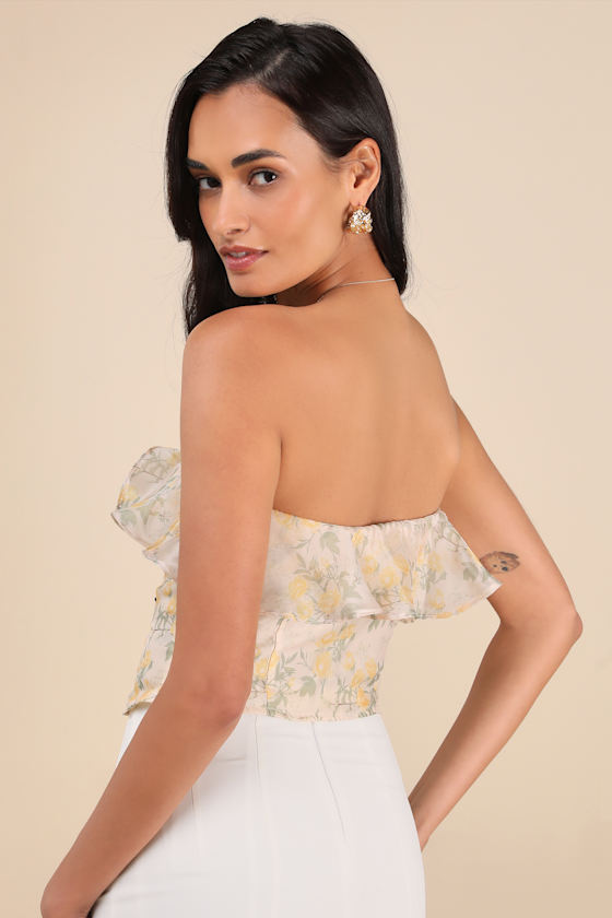 Lulus Natela Cream Floral Strapless Ruffled Top In Yellow