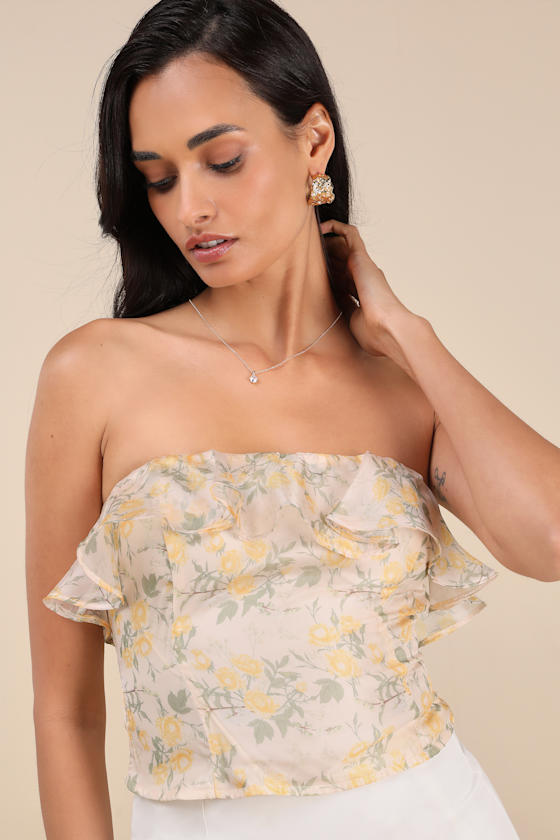 Lulus Natela Cream Floral Strapless Ruffled Top In Yellow
