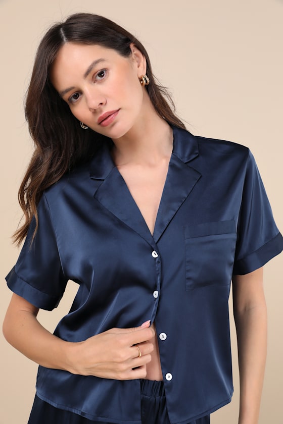 Pleasant Dreams Navy Satin Two-Piece Pajama Set 2