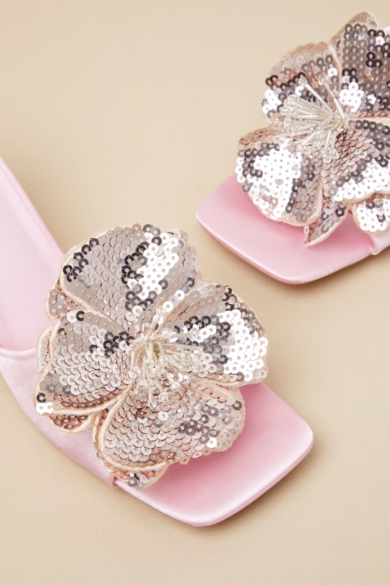 Lulus Lumena Baby Pink Satin Flower High Heel Slide Sandals In Pink