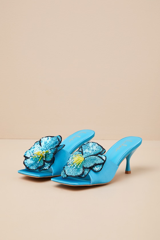 Lulus Lumena Turquoise Satin Flower High Heel Slide Sandals