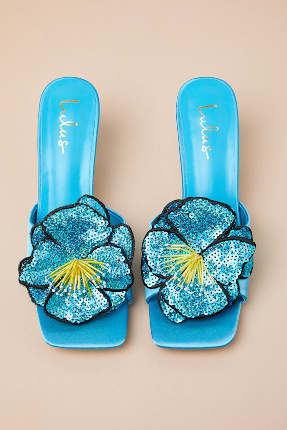 Lulus Lumena Turquoise Satin Flower High Heel Slide Sandals In Turquoise