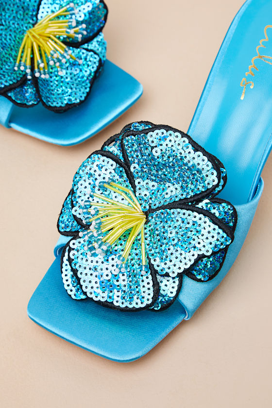 Lulus Lumena Turquoise Satin Flower High Heel Slide Sandals In Turquoise