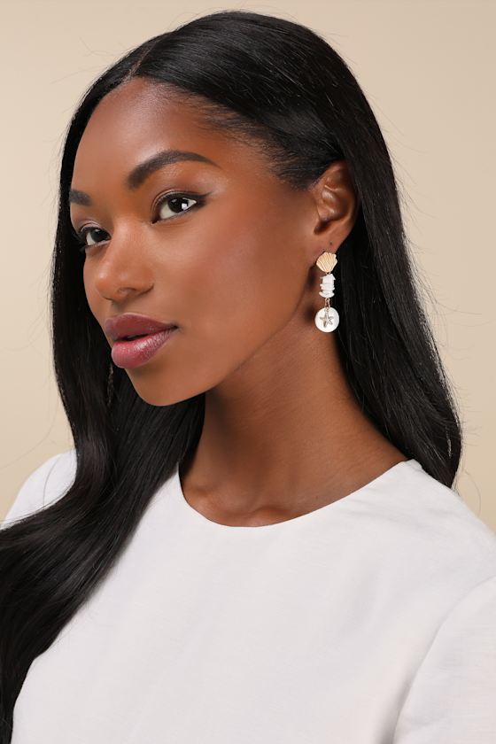 LULUS TARKA WHITE AND GOLD SEASHELL DROP EARRINGS