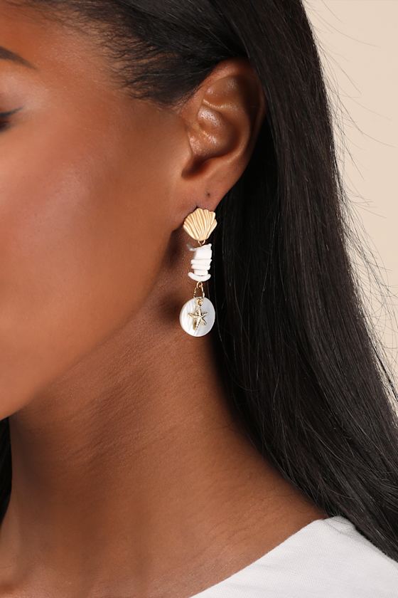 LULUS TARKA WHITE AND GOLD SEASHELL DROP EARRINGS