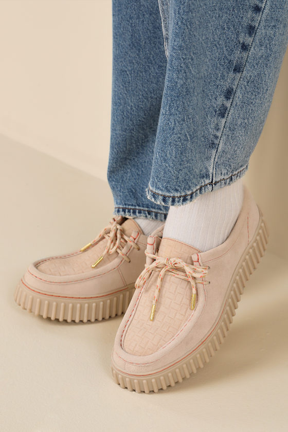 Clarks Torhill Bee Ecru Suede Leather Flatform Lace-up Loafers In Beige
