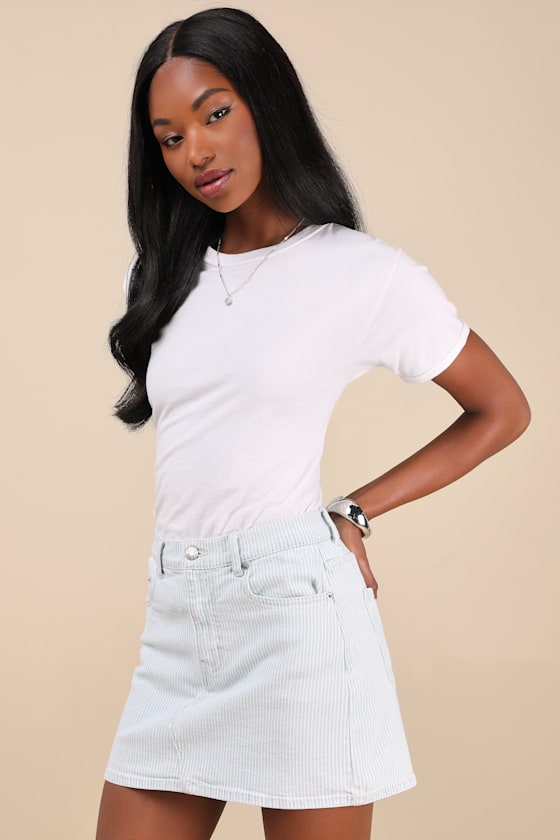 DAZE DENIM MALIBU LIGHT WASH STRIPED DENIM MINI SKIRT